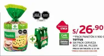 Tottus Tottus Pack Paneton x 900g + Six pack Cerveza bot 305 ml Pilsen oferta