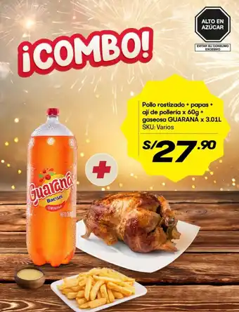 Hiperbodega Precio Uno Pollo Rostizado + Papas + Ají de Pollería x 60g + Gaseosa Guaraná x 3.01L oferta