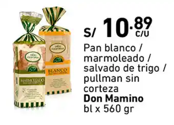 Plaza Vea Pan Blanco / Marmoleado / Salvado de Trigo / Pullman sin Corteza Don Mamino bl x 560g oferta