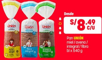 Plaza Vea Pan Unión Miel/Avena/Integral/ Fibra 540g oferta