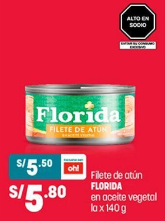Plaza Vea Filete de Atún Florida en Aceite Vegetal la x 140g oferta