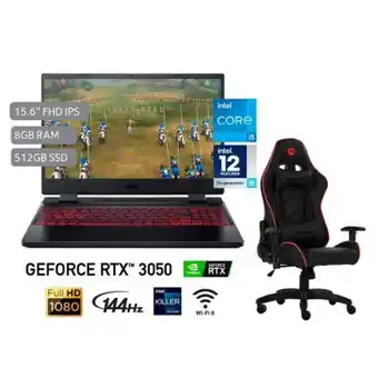Hiraoka Laptop gamer acer an515-58-54rn 15.6" intel core i5-12500h 512gb ssd 8gb ram rtx3050 + silla gamer argom tech arg-ch-9010bk n oferta