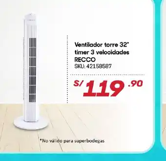 Hiperbodega Precio Uno Ventilador Torre 32" Timer 3 Velocidades Recco oferta