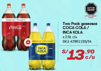 Hiperbodega Precio Uno Two Pack Gaseosas Coca-Cola / Inca Kola x 2.5L oferta