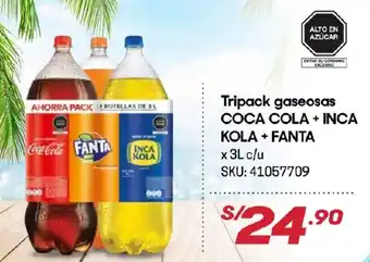 Hiperbodega Precio Uno Tripack Gaseosas Coca-Cola + Inca Kola + Fanta x 3L oferta