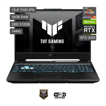 Tottus Laptop gamer asus tuf fa506icb-hn114w amd ryzen™ 7 4800h mobile processor windows 11 home ddr4 16gb 512gb 15.6" oferta