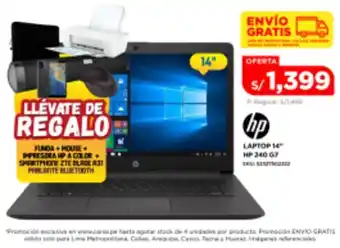 Carsa Laptop hp 240 g7 intel celeron 14" 4gb 240 gb w11 + funda + impresora hp + parlante bluetooth tipo soundbar + smartphone zte oferta
