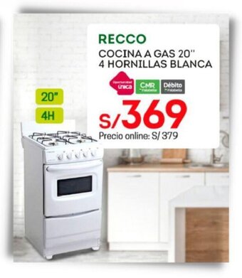 Tottus Recco Cocina Gas 20" 4 Hornillas Blanca oferta