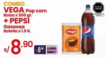 Vega Combo Vega Pop Corn bolsa x 500g + Pepsi Gaseosa botella x 1.5lt oferta