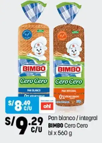 Plaza Vea Pan Blanco/ Integral Bimbo Cero Cero 560g oferta