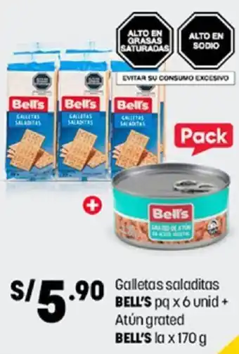 Plaza Vea Galletas Saladitas Bell's 6 unid + Atún Grated Bell's la x 170g oferta