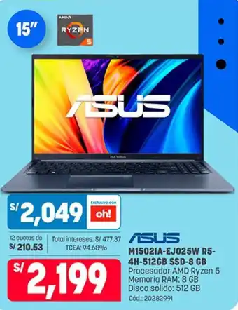 Plaza Vea Asus Laptop M1502IA-EJ025W R5-4H-512GB SSD- 8GB oferta