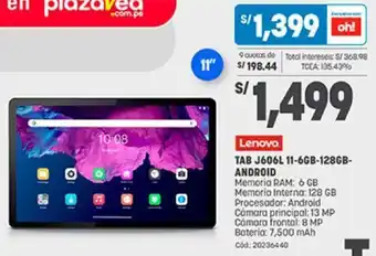 Plaza Vea Lenovo Tab J606L 11-6GB- 128GB Android oferta