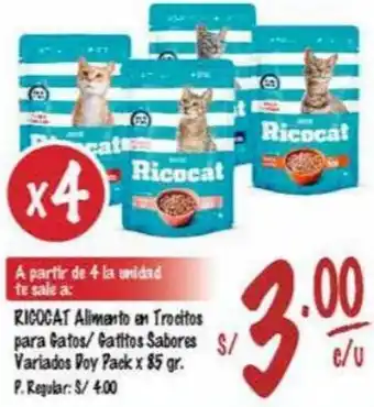 MaxiAhorro Ricocat Alimento en Trocitos para Gatos/Gatitos Sabores Variados Doy pack 85g oferta
