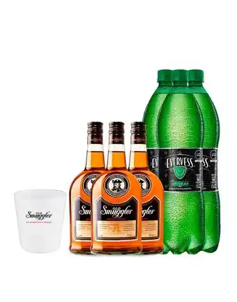 Sumon Licores Whisky old smuggler 750ml x3 + evervess 1.5lt x3 + 4 vasos oferta