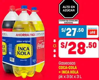Plaza Vea Gaseosas Coca-Cola + Inca Kola 3bt x 3L oferta