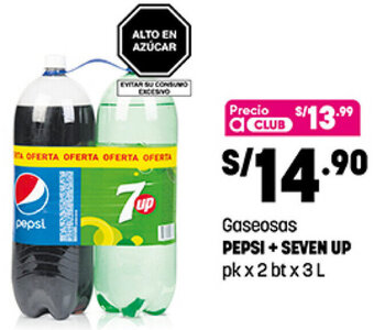 Plaza Vea Gaseosas Pepsi + Seven Up 2bt x 3L oferta