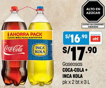 Plaza Vea Gaseosas Coca- Cola + Inca Kola 3L oferta