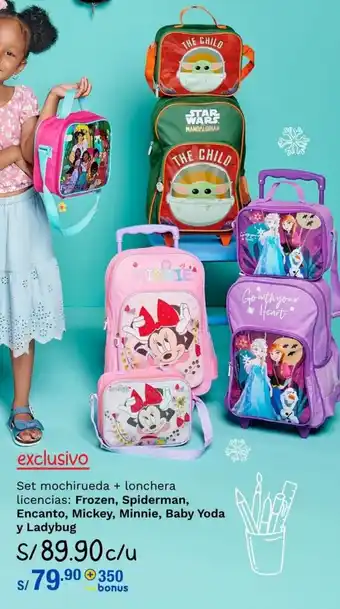 Wong Set Mochirueda + Lonchera Licencias Frozen Spiderman, Encanto, Mickey, Minnie Baby Yoda y Ladybug oferta