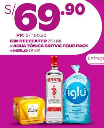 Tambo Gin Beefeater 700ml + Agua Tónica Britvic Four Pack + Hielo Iglu 1.5kg oferta