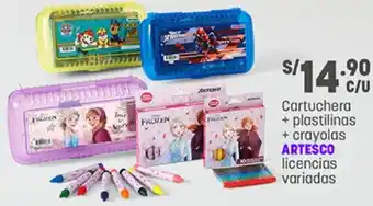 Plaza Vea Cartuchera + Plastilinas + Crayolas Artesco Licencias Variadas oferta