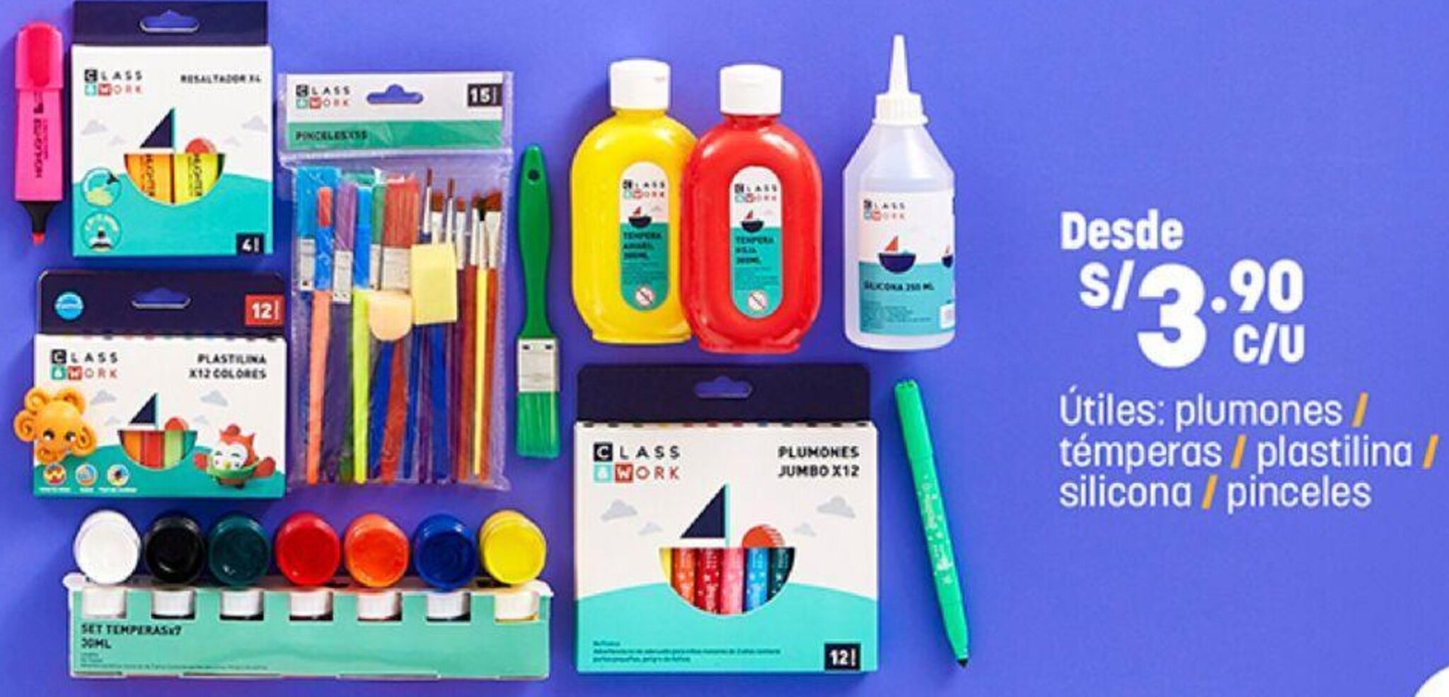 Útiles: Plumones/ Témperas/Plastilina/Slicon/Pinceles oferta en Plaza Vea