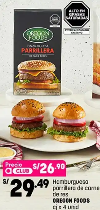 Plaza Vea Hamburgueasa Parrillera de Carne de Res Oregon Foods 4unid oferta