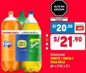 Plaza Vea Gaseosas Sprite/Fanta//Inca Kola 3bt x 3L oferta