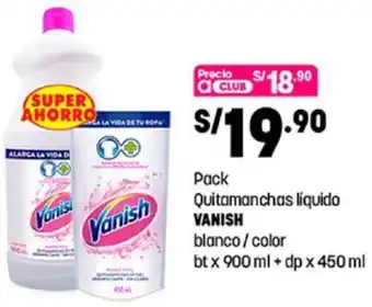 Plaza Vea Pack Quitamanchas Líquido Vanish Blanco/Color 900ml + dp 450ml oferta