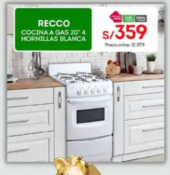 Tottus Recco Cocina Gas 20" 4 Hornillas Blanca oferta