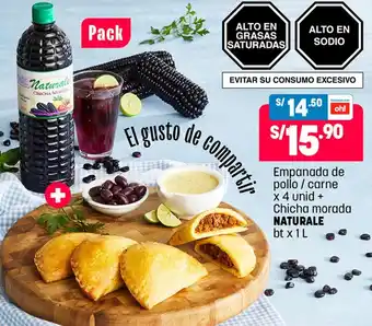 Plaza Vea Empanada de Pollo/ Carne 4 Unid + Chicha Morada Naturale 1L oferta