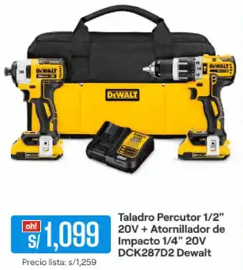 Promart Taladro Percutor 1/2" 20V + Atornillador de Impacto 1/4" 20V DCK287D2 Dewalt oferta