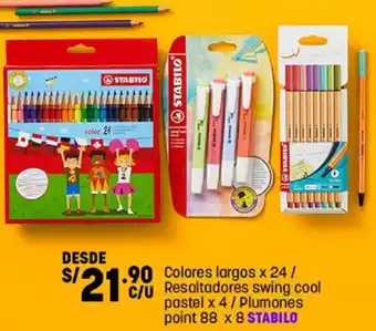 Plaza Vea Colores Largos 24/ Resaltadores Swing Cool Pastel 4/ Plumones Point 88 x 8 Stabilo oferta