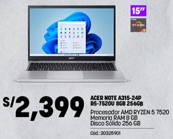 Plaza Vea Acer Note A315-24P R5-7520U 8GB 256GB oferta