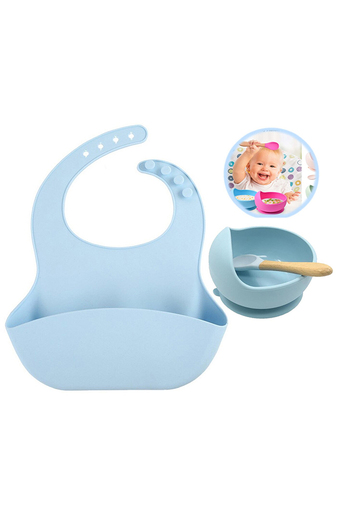 Tiendas EFE Set babero de silicona bowll y cuchara celeste oferta