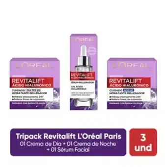Mifarma Tripack crema de día y noche + sérum facial revitalift l'oréal paris skin care ácido hialurónico oferta