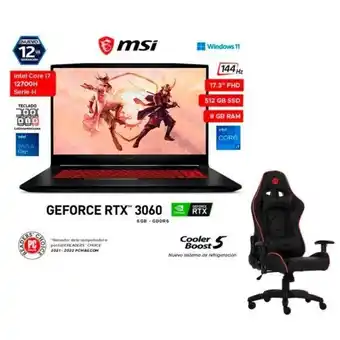 Hiraoka Laptop gamer msi katana gf76 12ue 17.3" intel core i7-12700h 512gb ssd 8gb ram + silla gamer argom tech arg-ch-9010bk negro oferta