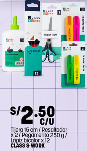 Plaza Vea Class&Work Tijera 15cm/Resaltador x2/Pegamento 250g/ Lápiz Bicolor x 12 oferta