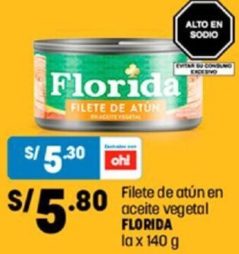 Plaza Vea Florida Filete de Atún en Aceite Vegetal 140g oferta