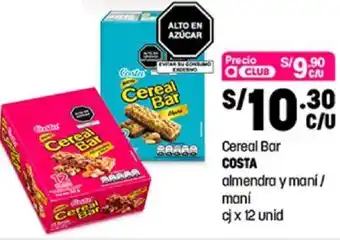 Plaza Vea Costa Cereal Bar Almendra y Maní/Maní 12 unid oferta