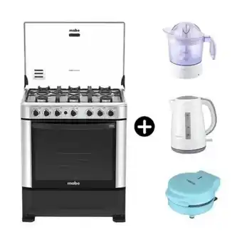 Maestro Cocina a gas 30 hierro f 6h vidrio negro + wafflera 800 w azul + hervidor 1.7l blanco + exprimidor de citricos oferta