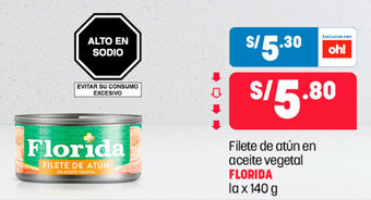 Plaza Vea Filete de Atún en Aceite Vegetal FLORIDA la x 140g oferta