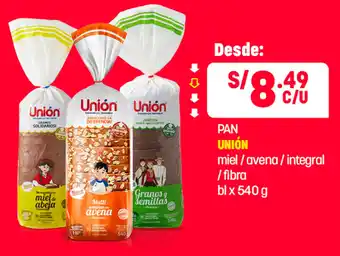 Plaza Vea Pan UNIÓN miel / avena / integral / fibra bl x 540g oferta