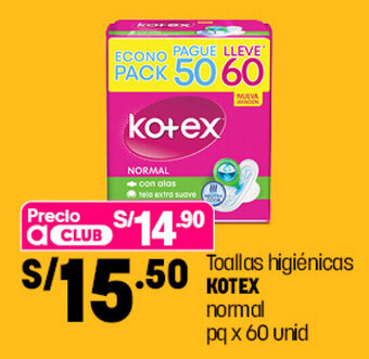 Plaza Vea Toallas Higiénicas KOTEX normal pq x 60 unid oferta