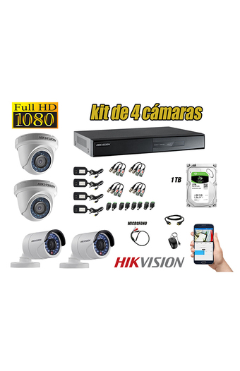 Tiendas EFE Kit hikvision 4 cámaras de seguridad full hd 1080p p2p con kit de micrófono + disco 1tb oferta