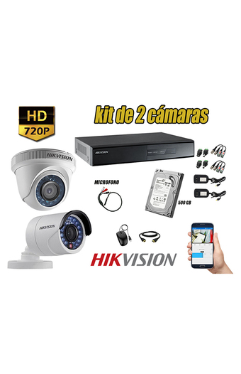 Tiendas EFE Kit de cámaras de seguridad 2 hikvision hd 720p disco 500gb p2p + kit de micrófono oferta