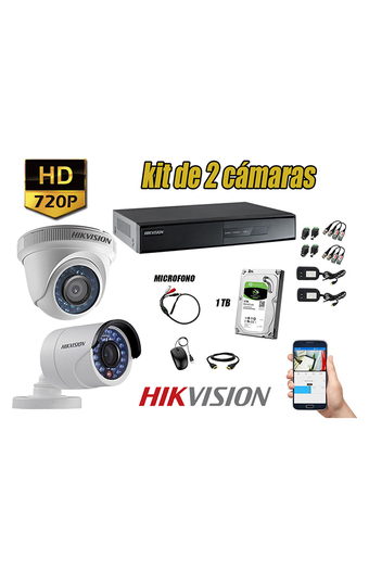 Tiendas EFE Kit hikvision 2 cámaras de seguridad hd 720p p2p con kit de micrófono + disco 1tb oferta