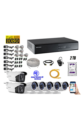 Tiendas EFE Cámara de seguridad hikvision varifocal para exterior kit 7 full hd 1080p + disco 2tb p2p oferta