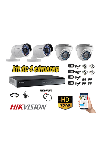 Tiendas EFE Kit hikvision 4 cámaras de seguridad hd 720p p2p con kit de micrófono + cable hdmi oferta