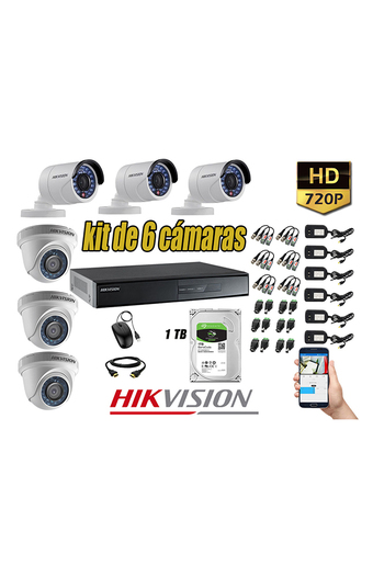 Tiendas EFE Kit hikvision 6 cámaras de seguridad hd 720p p2p + disco 1tb + cable hdmi oferta